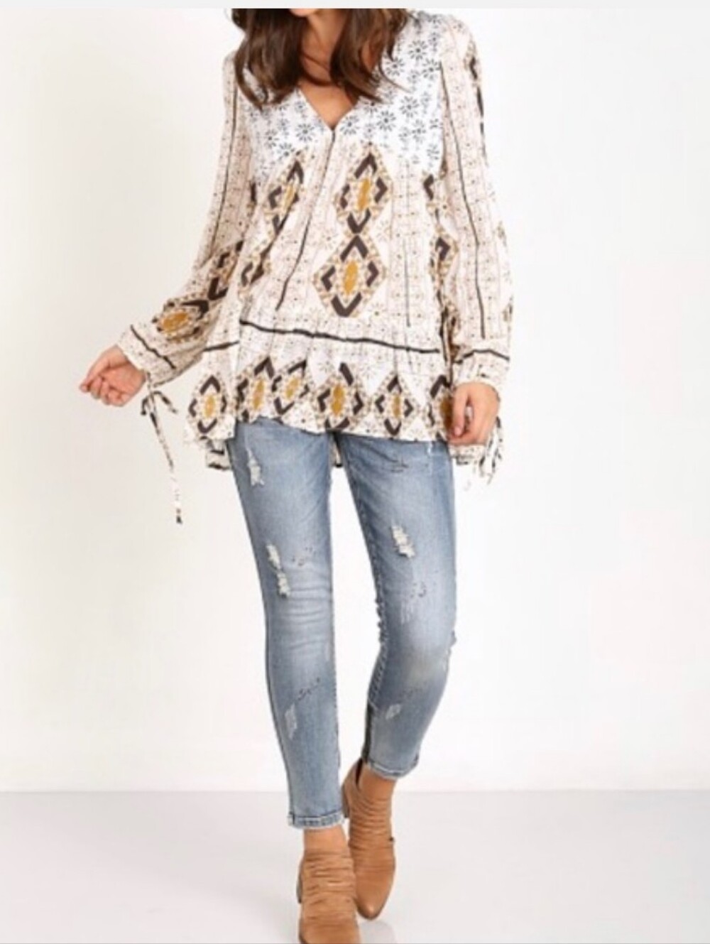 Free People 60's Down by the Bay Tunic Ivory Combo